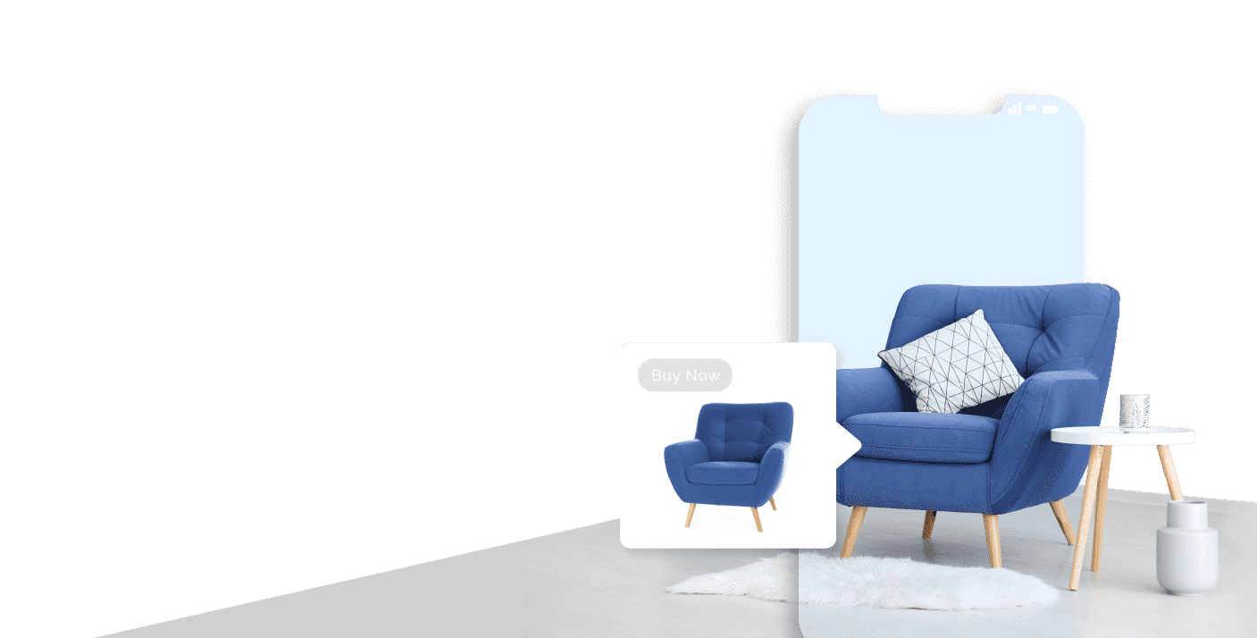 Image of a fashionable blue chair overlayed with a mobile phone screen and an inset of a the chair from an ad to the left fo the chair.